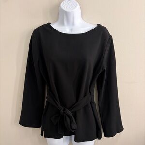 Ann Taylor Black Top-scooped neck with tie at waist and tailored-beveled sleeves